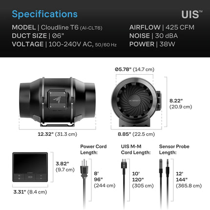 AC Infinity CloudLine T6 150mm Inline Fan with Temp/Humidity Controller