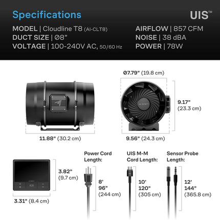 AC Infinity CloudLine T8 200mm Inline Fan with Temp/Humidity Controller