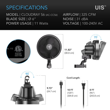AC Infinity CloudRay S6 Grow Tent Clip Fan 150mm