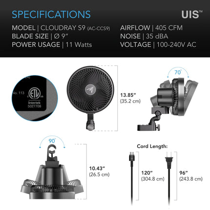 AC Infinity CloudRay S9 Clip Fan 230mm