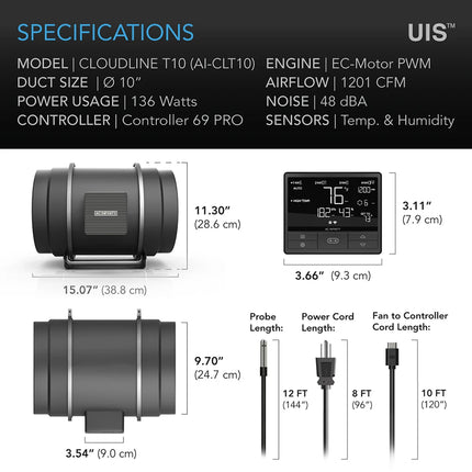 AC Infinity CloudLine T10 250mm Inline Fan with Temp/Humidity Controller